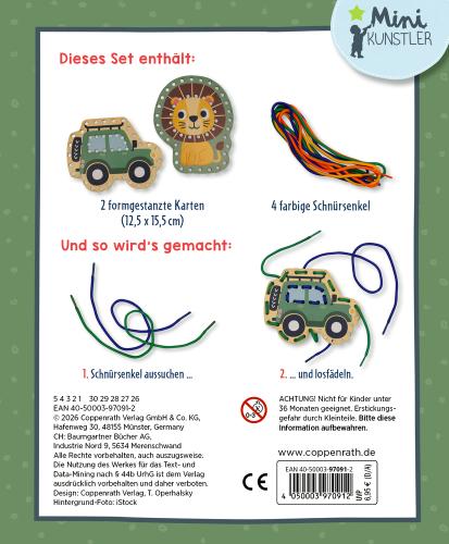 Mein kleines Bastelset: Fädel-Karten - Löwe / Geländewagen - Die Spiegelburg