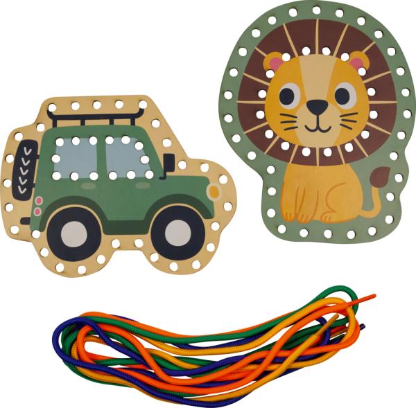 Mein kleines Bastelset: Fädel-Karten - Löwe / Geländewagen - Die Spiegelburg